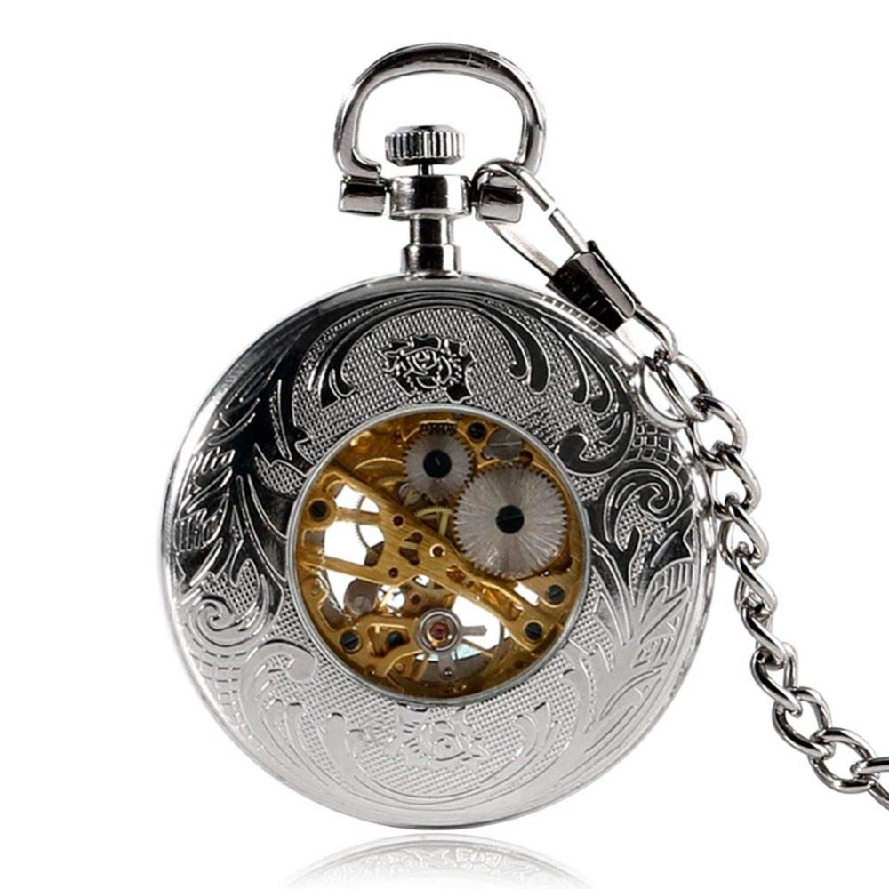 Steampunk Silber Skelett mechanische Taschenuhr Kette Offenes Gesichtsdesign Hand Wind Frauen Männer Uhren Uhr
