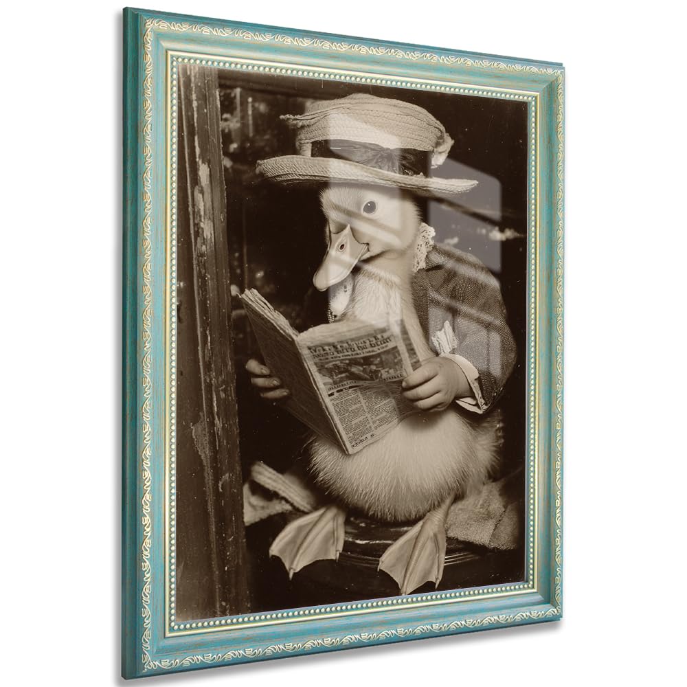 Funny Duck Reading Newspaper Bathroom Wall Art Vintage Animal Print Rustic Farmhouse Toilet Decor for Kids and Guest Washroom 20x25cm Green Frame