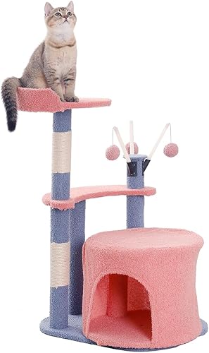 Miniatura 1 de Torre de árbol para gatos de interior de 32 pulgadas con poste rascador con sisal cubierto, plataforma de 2 niveles, condominio acogedor, bolas de