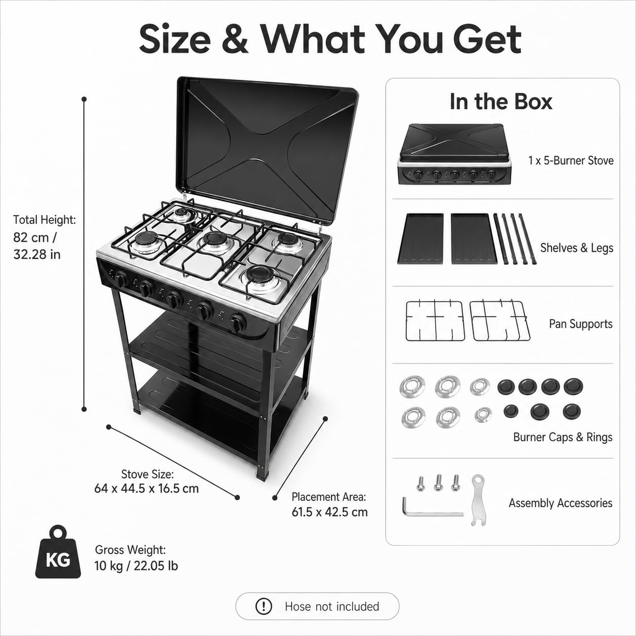 Barbecue a gas a 5 fuochi con coperchio, fornello a gas mobile per esterni, barbecue da campeggio con 2 ripiani e protezione antivento, potente barbecue a gas da tavolo da 12,5 kW, per balcone