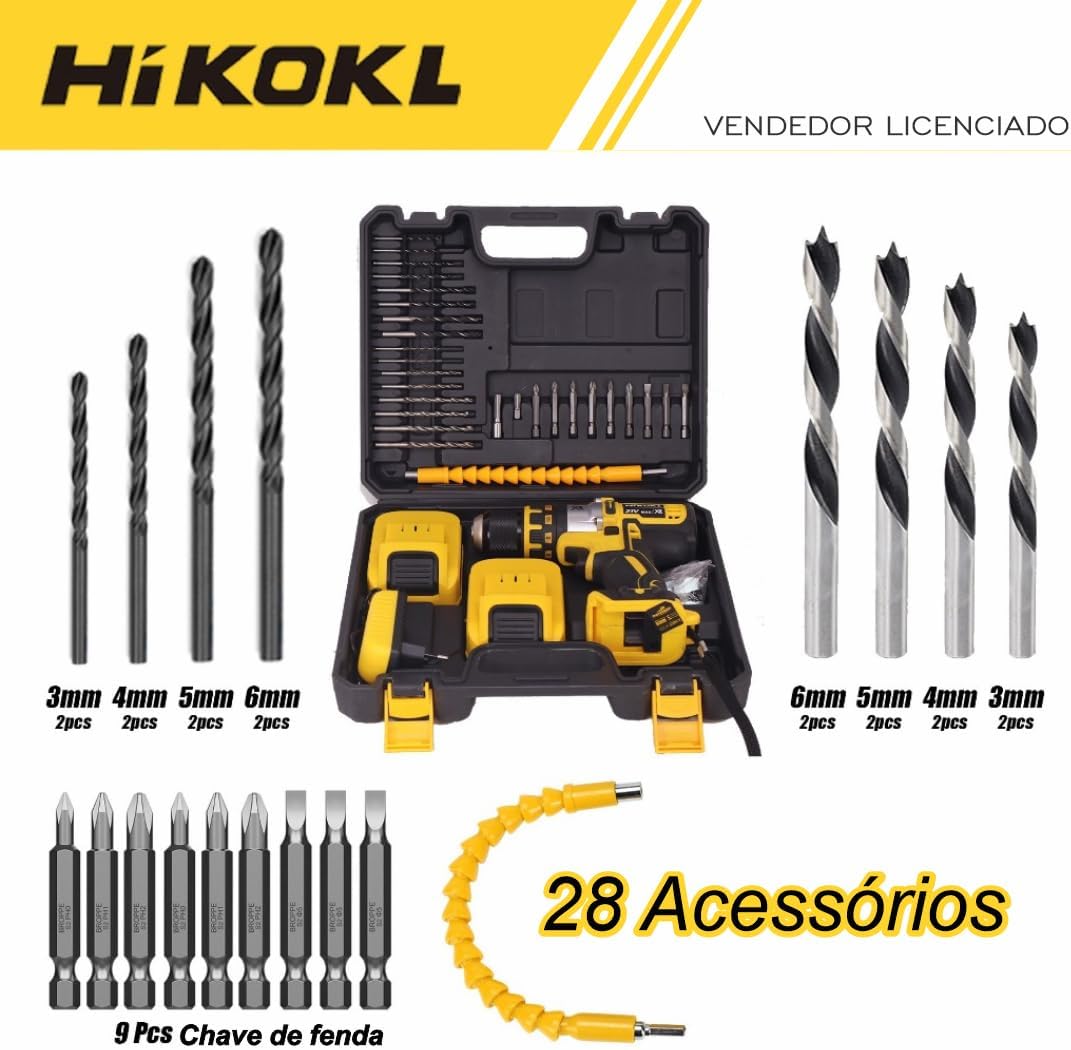 Assortment of 28 accessories for HIKOKL 21V Impact Drill, including various drill bits, screwdriver bits, and a flexible extension.