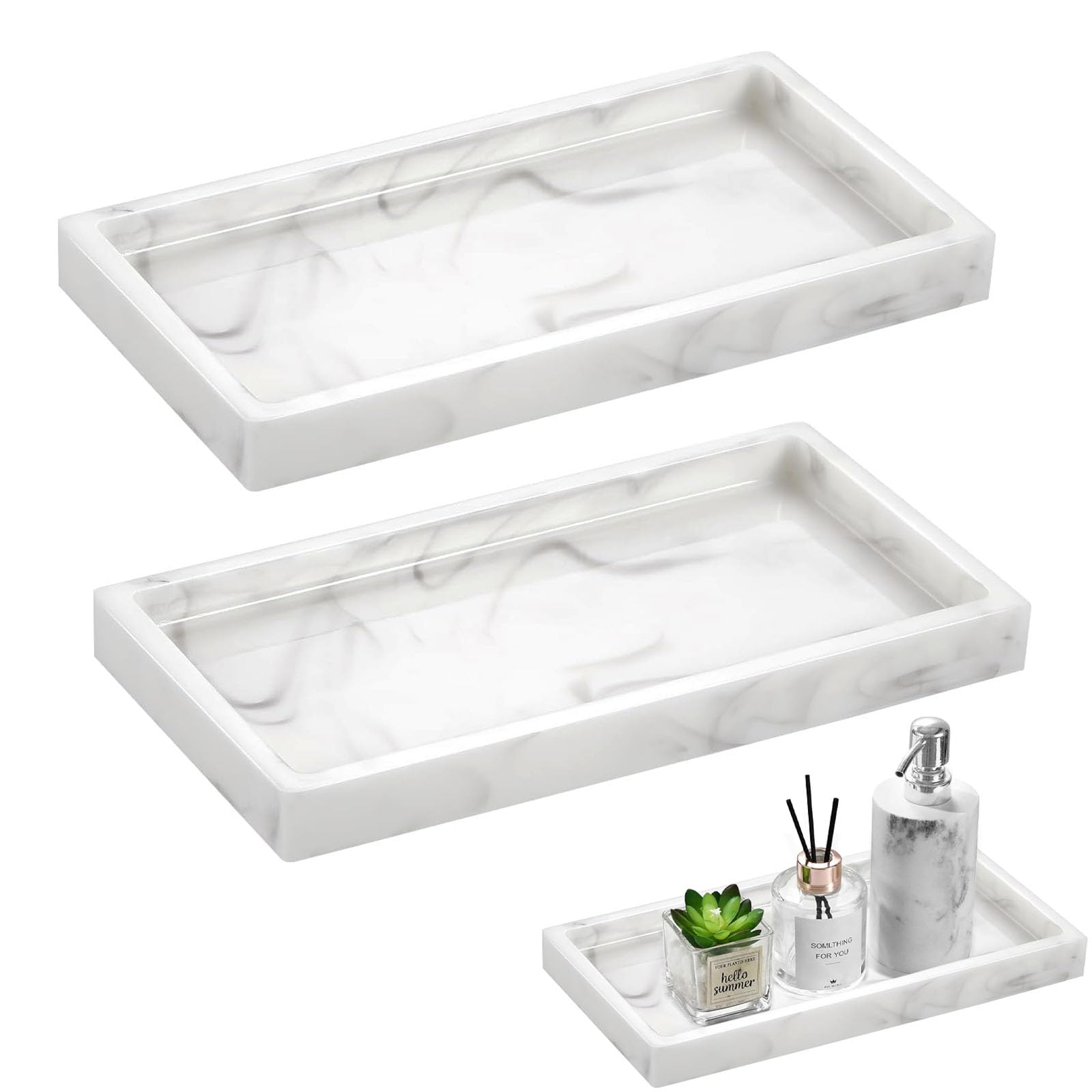 2pcs Bathroom Tray Organiser, Silicone Vanity Trays, 10×20cm Non-Slip Bathroom Trays, Toilet Tank Storage Organiser Decorative Tray for Perfume Candle (White Marble)
