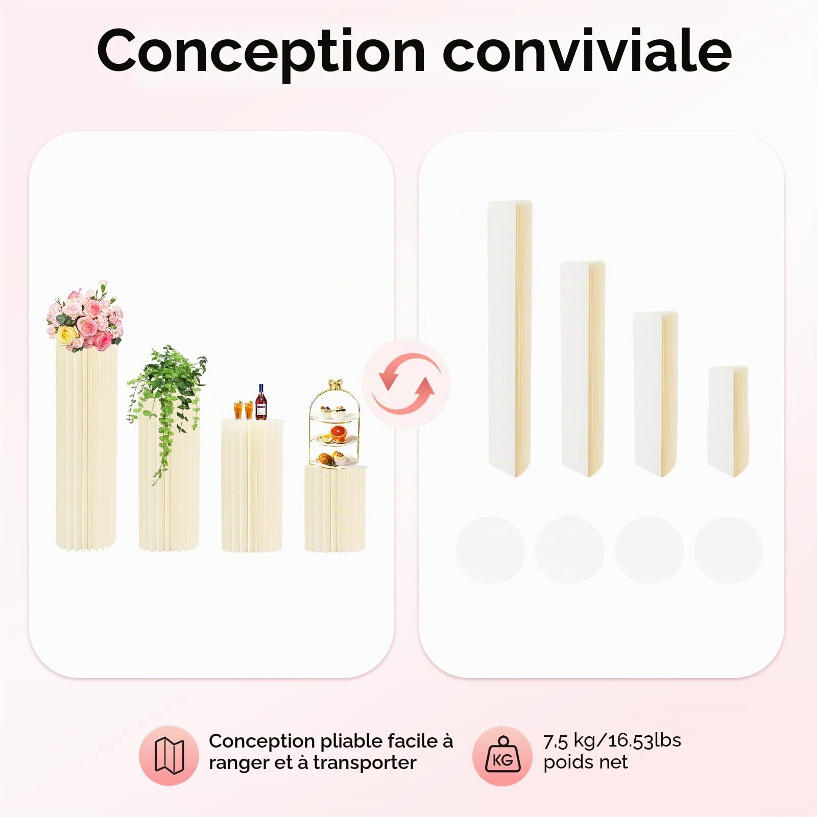 Ensemble de 4 colonnes décoratives avec plaque acrylique - Support pliable en papier pour gâteaux et buffet - Colonnes de présentation pour mariage, fête et table à dessert - 40/60/80/100