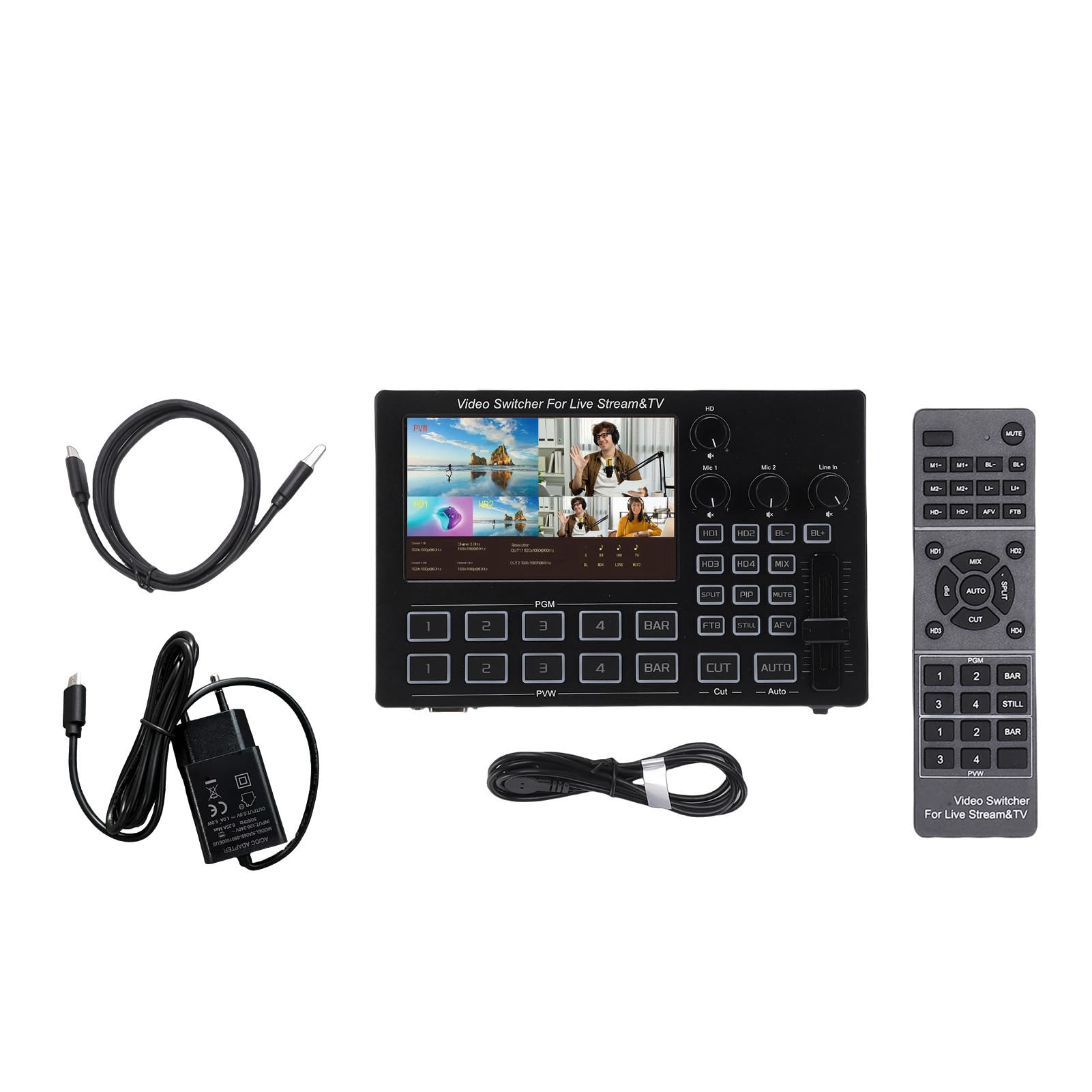 Jectse Switcher Video 4K con Schermo da 5 Pollici, Interfaccia Multimediale HD a 4, Visualizzazione Multipla in Tempo Reale, 30 Effetti di Transizione, Chiave Cromatica, PIP, per (Spina europea)
