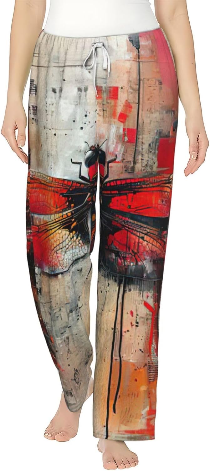 Abstract Red Dragonfly Print Fashion Cozy Womens Flannel Pajama Pants,Perfect For Christmas And Everyday Wear