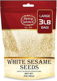 Spicy World Hulled White Sesame Seeds 3lb Bulk Bag - Raw Natural Non-GMO Resealable for Baking Cooking Tahini