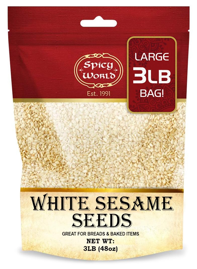 Spicy World Hulled White Sesame Seeds 3lb Bulk Bag - Raw Natural Non-GMO Resealable for Baking Cooking Tahini