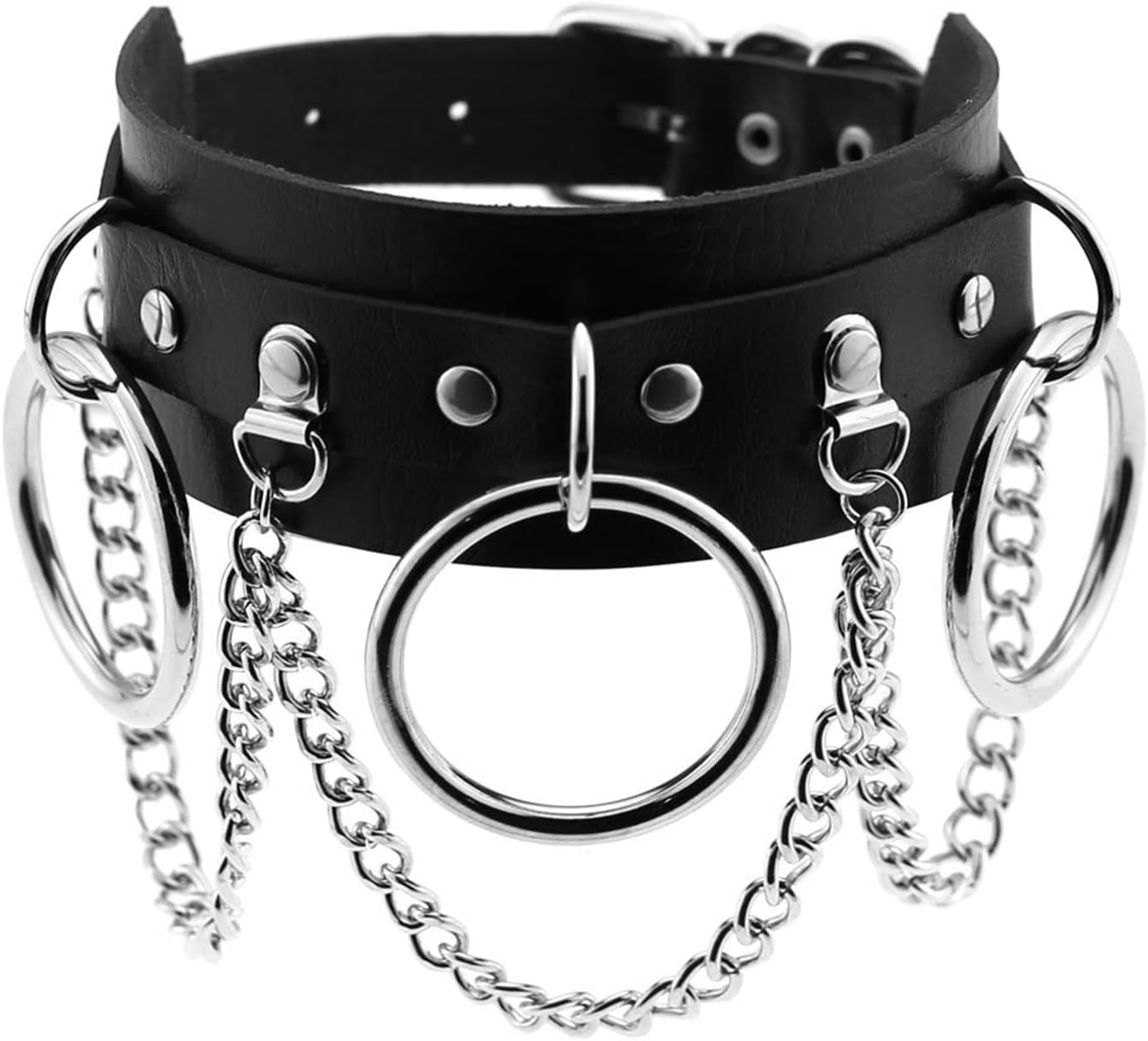 Punk Leather Collar Choker Necklace for Women Adjustable Gothic Collar with Chain, Black - Image 2