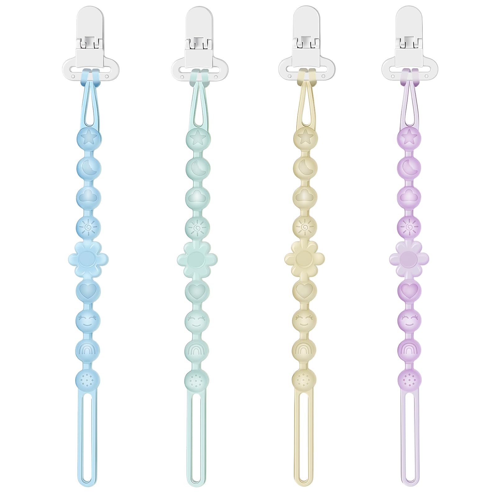 Silicone Pacifier Clip Holder with One-Piece Beads 4 Packs Soft Flexible and Rust-Free Binky Pacifiers Clips for Teething