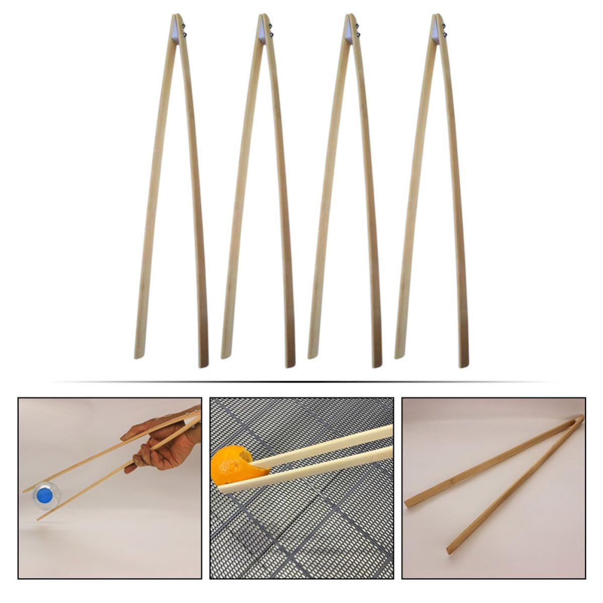Lot de 4 Pinces Poubelle en Bambou Beige, Outil de Ramassage de Déchets, Augmente la Friction, pour Ranger en Hauteur et Collecter les Ordures