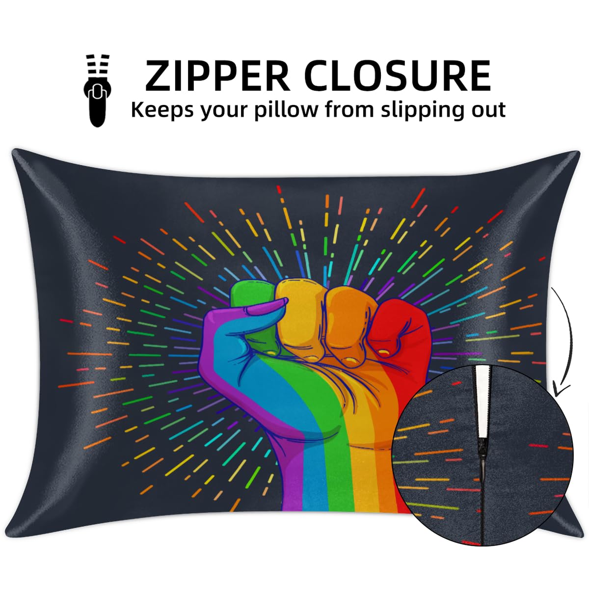 Fundas de almohada de satén Rainbow Hand para cabello y piel, paquete de 2 unidades, 50,8 x 76 cm, funda de almohada con cierre de cremallera, súper suave, resistente a las arrugas, fundas de almohada