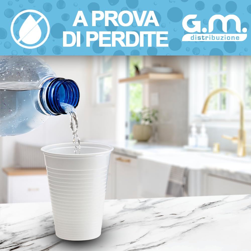 1000 Bicchieri Acqua in Plastica Bianchi da 200 ml, Riciclabili, Extra Rigidi e Super Resistenti, Usa e Getta, Ideale per Casa, Ufficio, Asporto Bevande Fredde (3 formati disponibili)