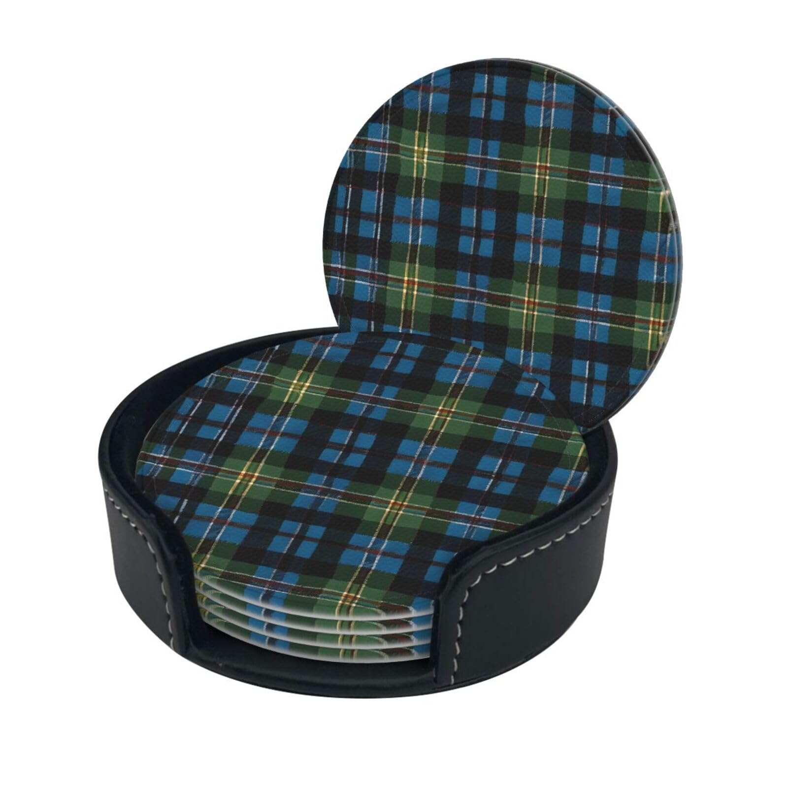 Blue and Green Scottish Tartan Print Coaster,Round Leather Coasters with Storage Box for Wine Mugs,Cold Drinks and Cups Tabletop Protection (6 Piece)