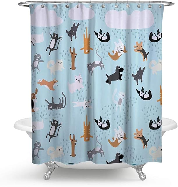 KISY Waterproof Bath Shower Curtain Cartoon Funny Cat Dog Polyester Mildew-Resistant Baby Teens Bathroom Shower Curtain Standard Size 72" x 72"