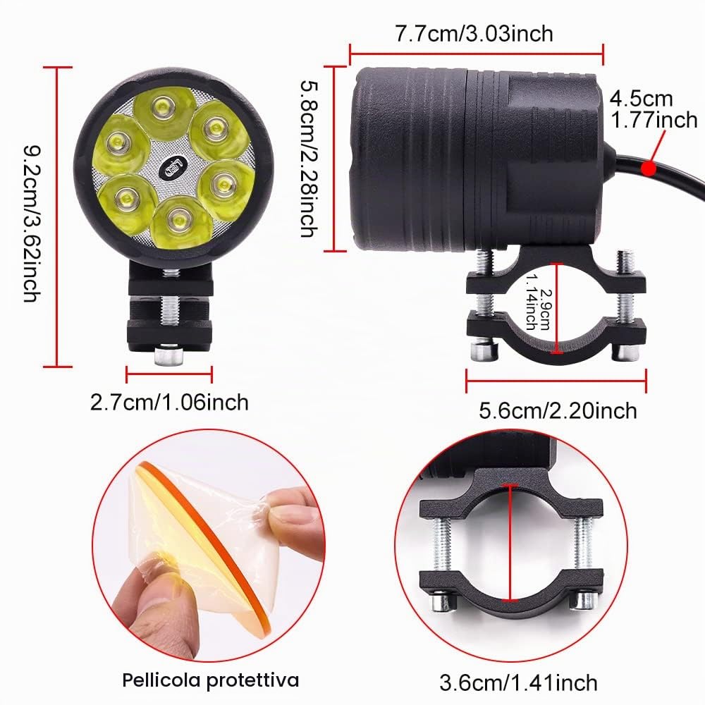 Biqing 2PCS Kit Fari Supplementari per Moto+Cablaggio Interruttore+Lenti Ambra,6x10W Fari Moto Faretto Anteriore 12V/24V Fendinebbia Motos LED Universale Impermeabile 3 Modalità