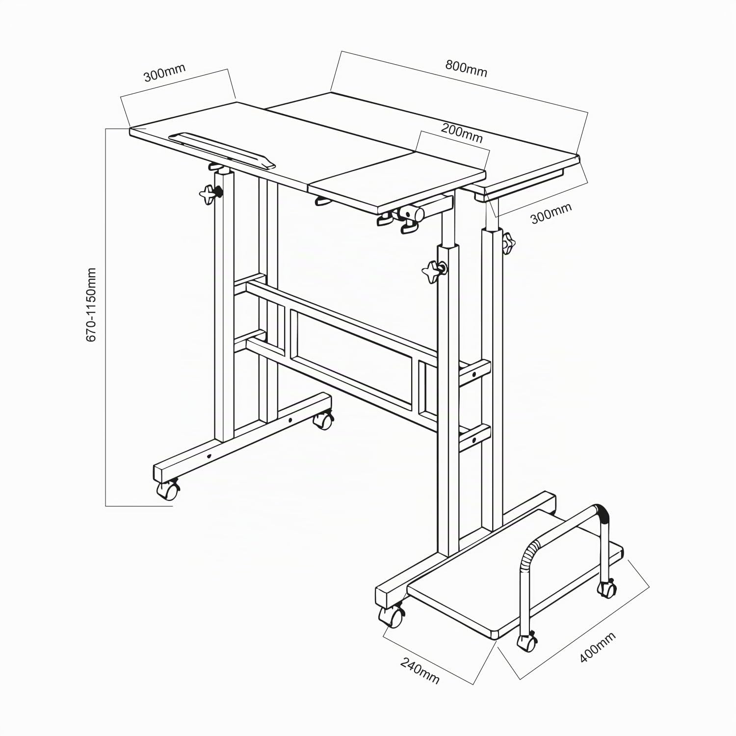 Scrivania mobile regolabile Maclean MC-124 con ruote, piano inclinabile 80x60 cm, altezza regolabile 67-115 cm, capacità di 50 kg, vassoio laterale dal design ergonomico, casa, ufficio, studio (Nero)