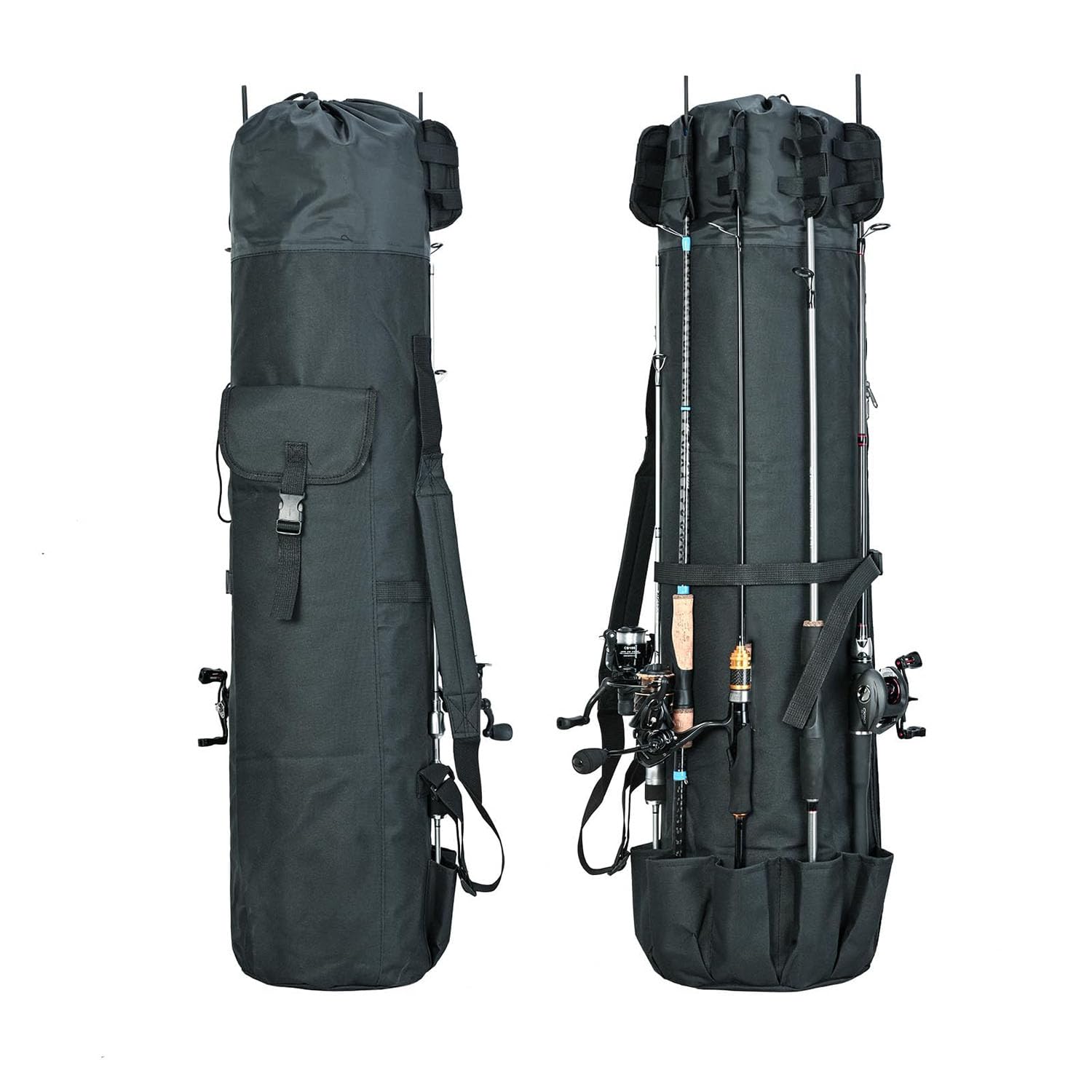 X spring Waterproof Fishing Bag, Durable Folding Fishing Rod Bag, Large Capacity Waterproof Fishing Tackle Bag with Rod Holder, Holds 5 Poles, Portable Fishing Gear Bag Gifts for Men (Black)