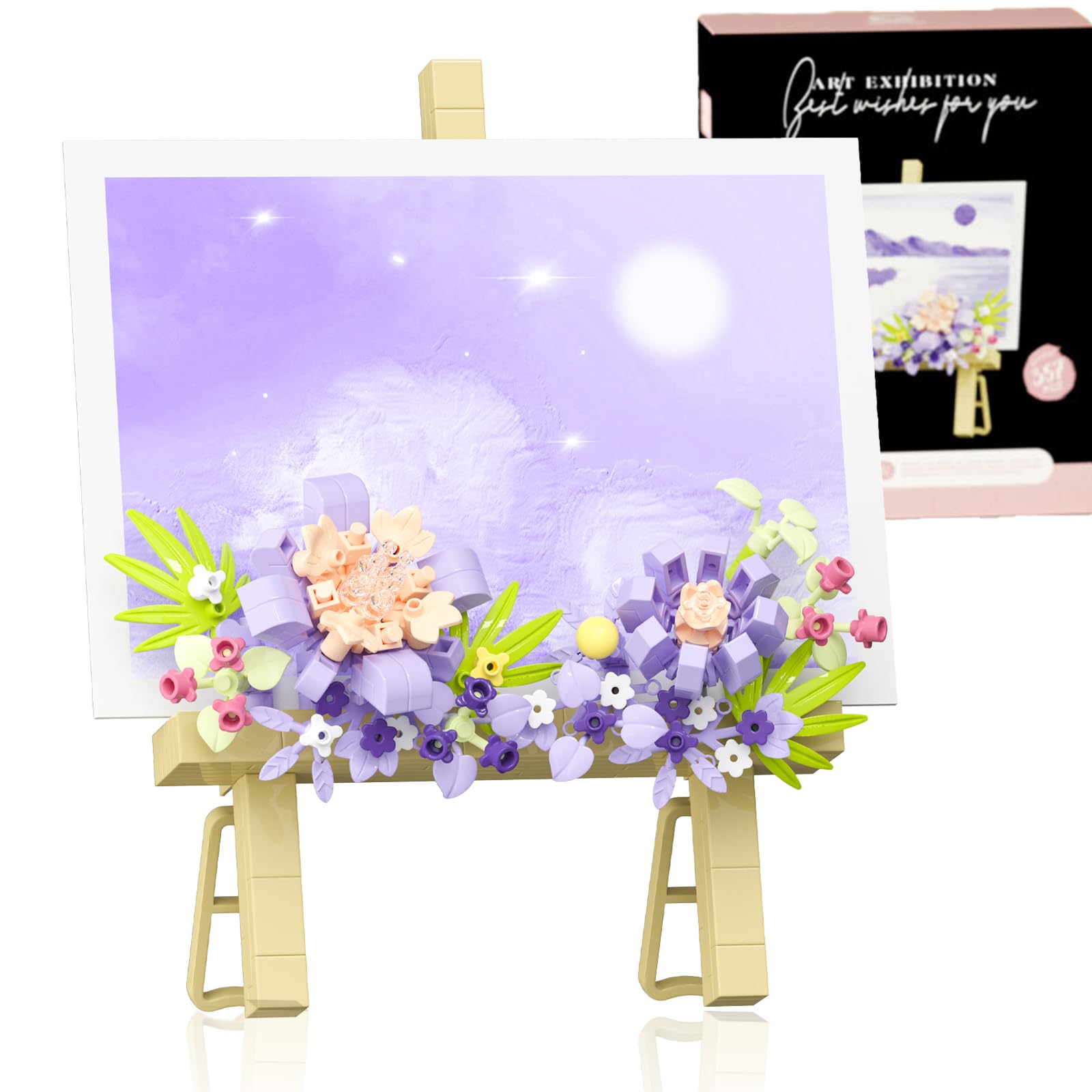Botanical Mini Flower Bouquet Building Bricks Set - Creative STEM Desk Decor.Block Easel For Photo Easel & Message Plaques,DIY Craft Kit, Kids Adults Home Office Gift (Purple 357pcs)