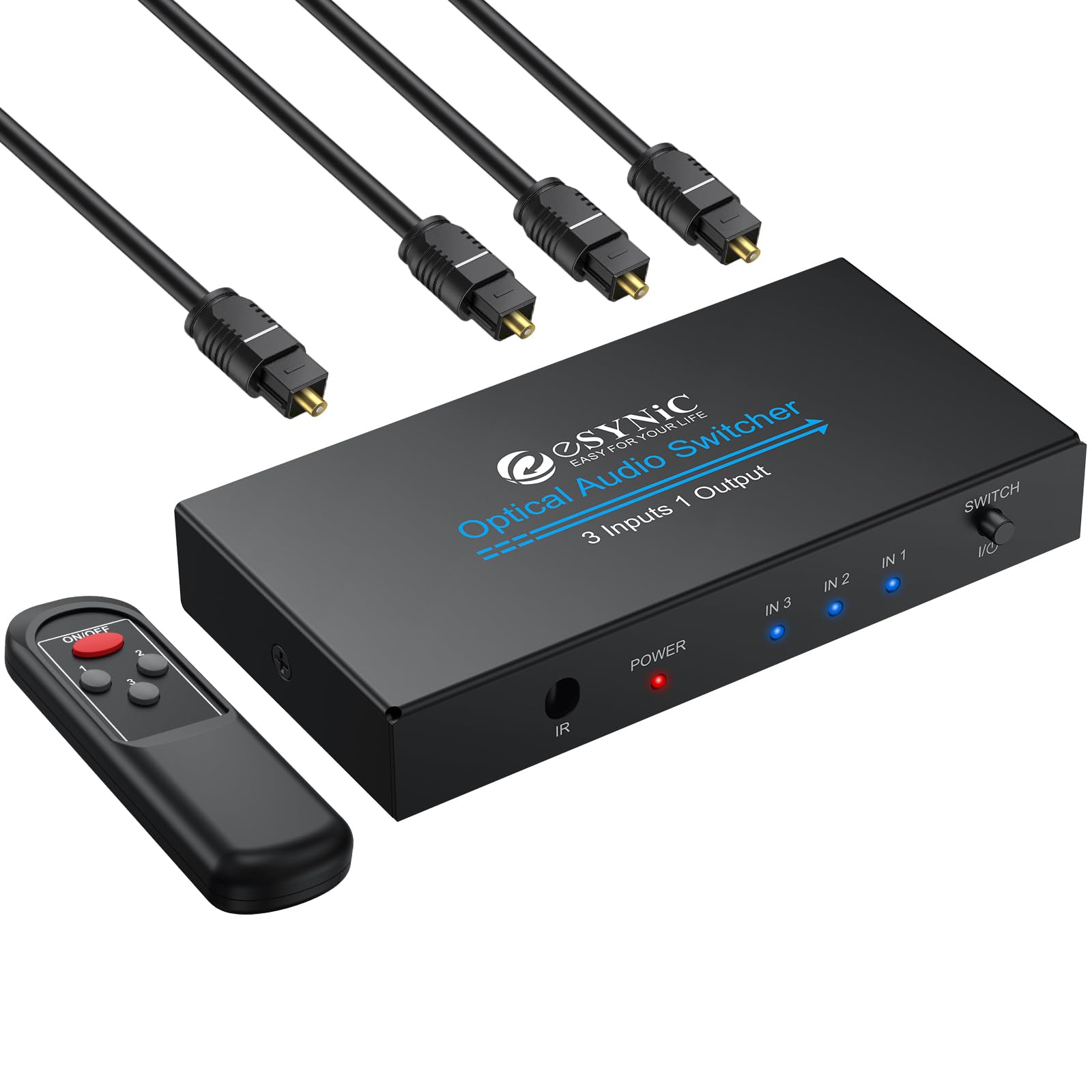 ESYNiC 3X1 Switch Toslink SPDIF con IR Telecomando e USB-C Cavo, Switcher Commutatore Audio Digitale Ottico 3 Ingressi 1 Uscita con Cavo Ottico, Supporta LPCM 2.0 DTS e Dolby AC3 Funziona Memoria
