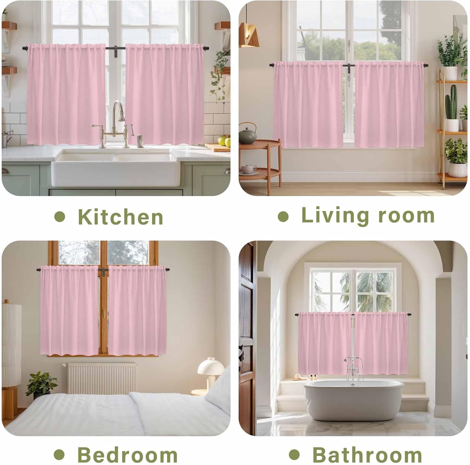 Solid Pink Kitchen Curtains, Romantic Minimalism Abstract Denim Texture Light Filtering Window Curtain Panels, 2Pcs Rod Pocket Window Treatments Set for Cabin Bathroom Bedroom 52x45 Inches