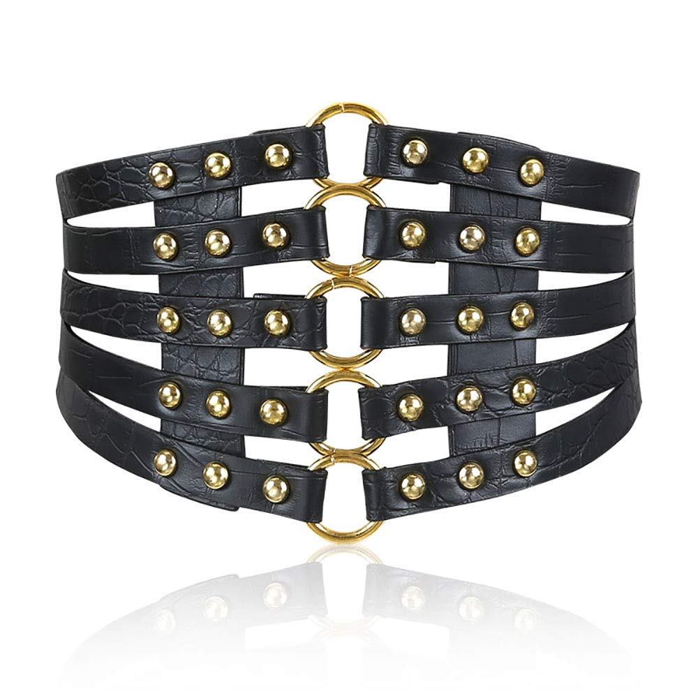 Women's Black + Gold Punk Wind Rivet Lace-Up Cinch Belt Tied Corset Elastic Waist Belt (Black + Gold)