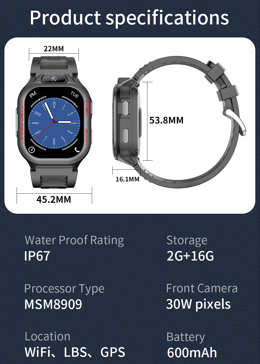 Mingtawn Montre intelligente 4G avec emplacement pour carte SIM - Téléchargement d'application, appels vidéo, SMS, suivi d'activité et de santé, GPS intégré et fonction SOS pour homme et femme.
