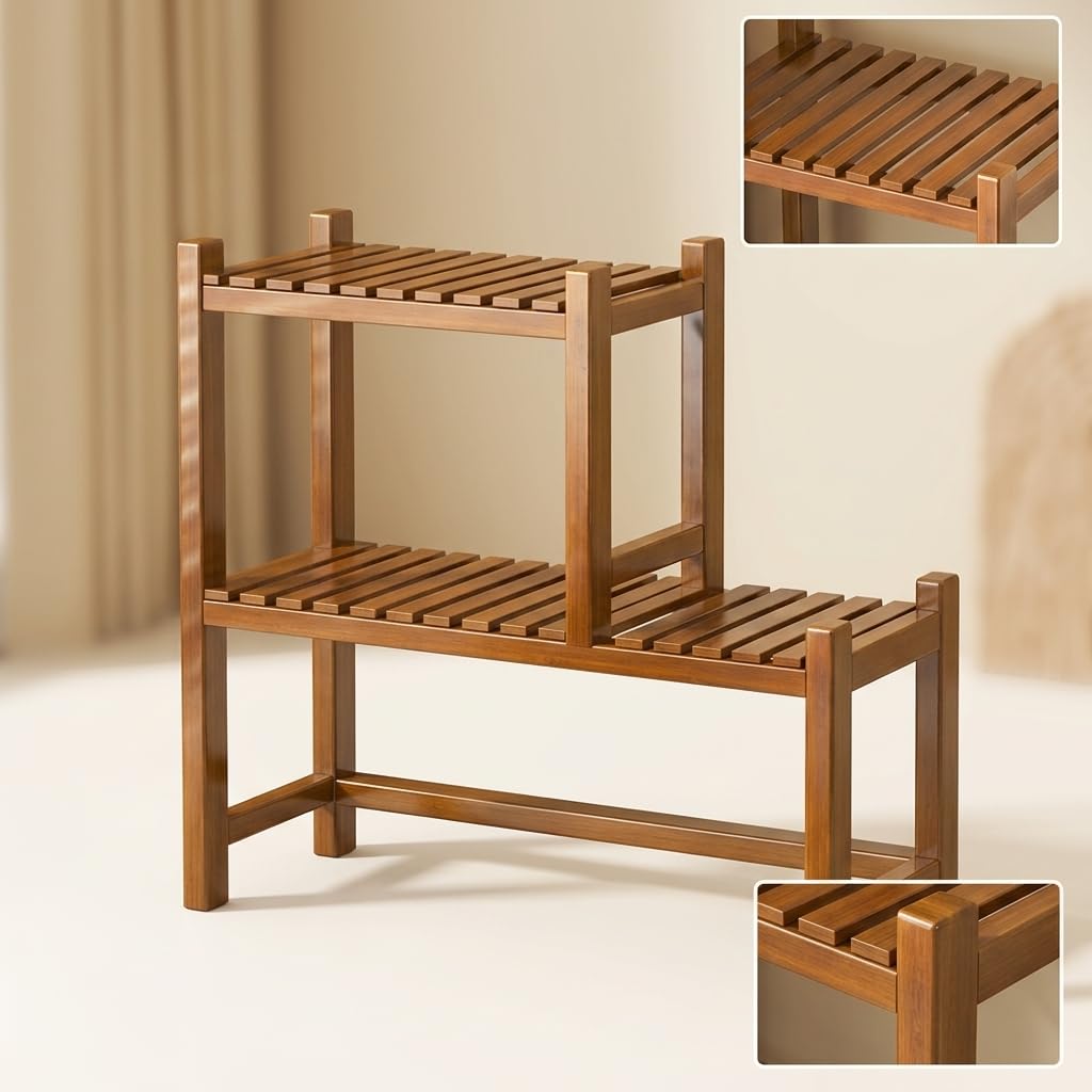 Support Plantes en Bambou avec sign Escalier Élégant pour Présenter Fleurs Bonsaïs Plantes Retombantes Rangement Supplémentaire pour Objets Décoratifs , Couleur thé , 15cm