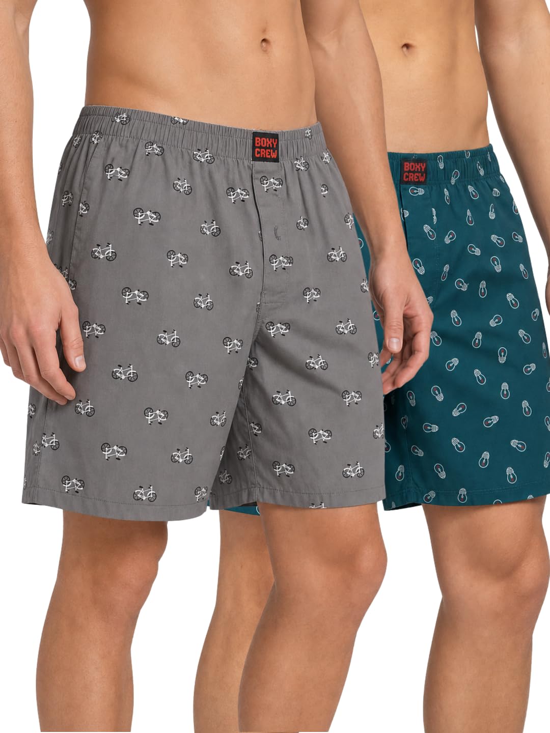 Men's 100% Cotton Printed Boxer Shorts Pack of 2 with Dual Side Pockets and Fabric-Covered Waistband - Grey/Teal, Styles MBX022, MBX027-picture-30