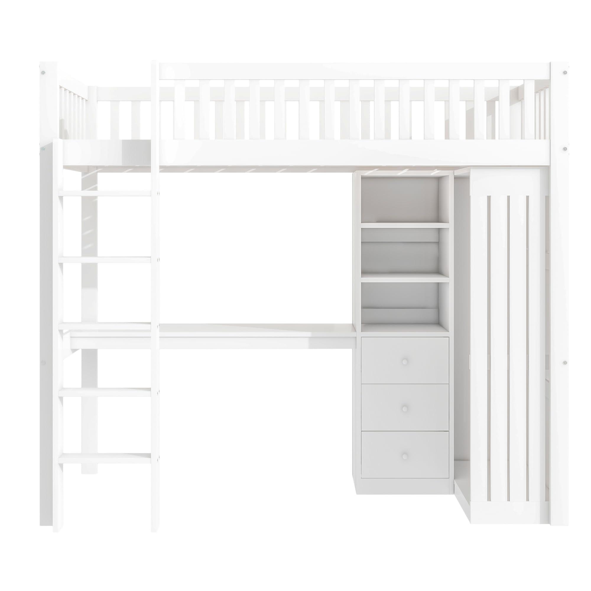 Letto a soppalco, scrivania, armadio, 3 cassetti, spazio di archiviazione aperto, ringhiera, scale, senza materasso, bianco (90 x 200 cm)