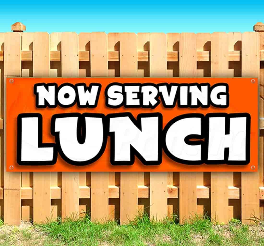 Now Serving Lunch Banner 13 oz | Non-Fabric | Heavy-Duty Vinyl Single-Sided with Metal Grommets