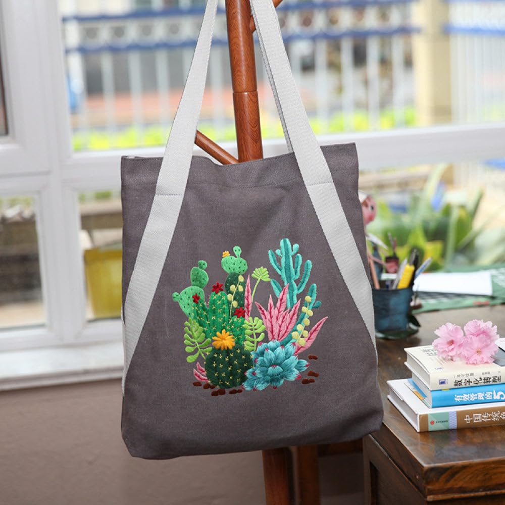 Canvas Tote Bag Kit De Bordado,Kits De Bolsas Grandes De Punto De Cruz Para Adultos, Con Patrón De Plantas Novedoso, Kit De Inicio De Bordado De Regalo Creativo Con Instrucciones, Incluye Aro De Bor