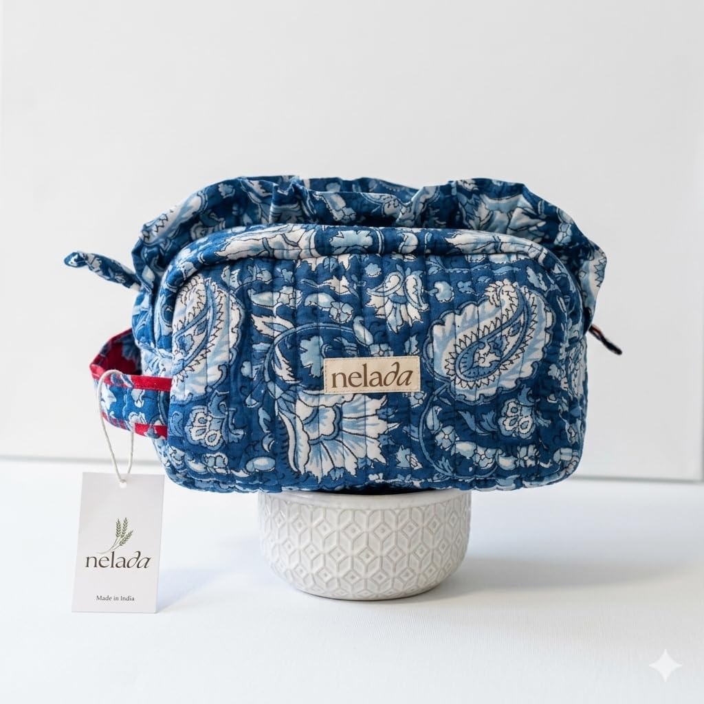 Handcrafted Block Print Quilted Cotton Makeup Bag | 100% Cotton with Elegant Frill Detail | Unique Handmade Gift for Her, Travel Makeup Organizer | Floral Handblock Print (Blue)
