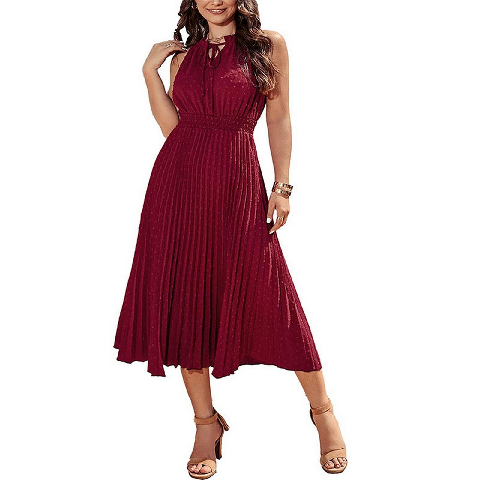 Abito Midi Delle Donne Casual Scollo a V Swiss Dot Plissettato Senza Maniche A-Line Beach Dress, YYEFNMAZ, Maniche lunghe marrone, l