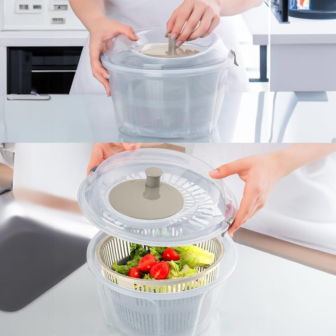 Geniş Hazneli Salata ve Sebze Kurutucu (4.4 Litre) - 360° Dönebilen Çevirmeli Süzgeçli ve Servis Kaseli Mutfak Gereci