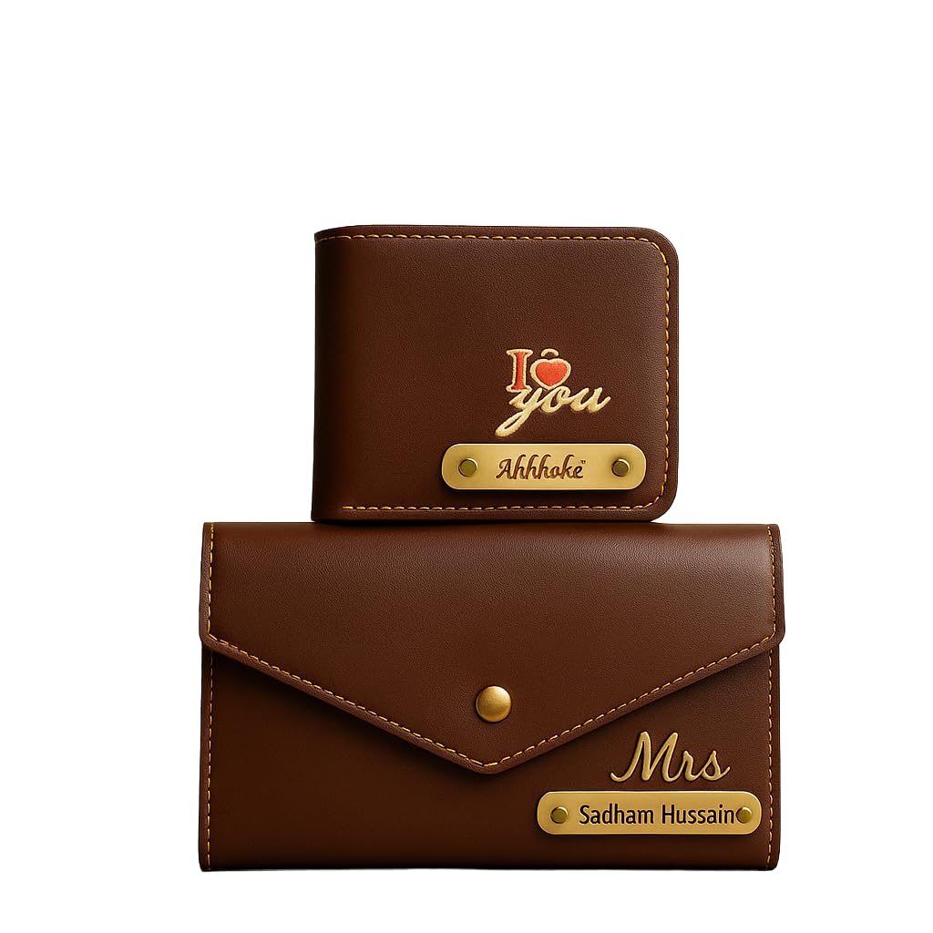 Premium Personalized Wallet & Ladies Clutch Gift Combo for Couples | Custom Name Wallet & Clutch Set | Royal Crown Charm | Gift Box Packaging (Brown)-image-38