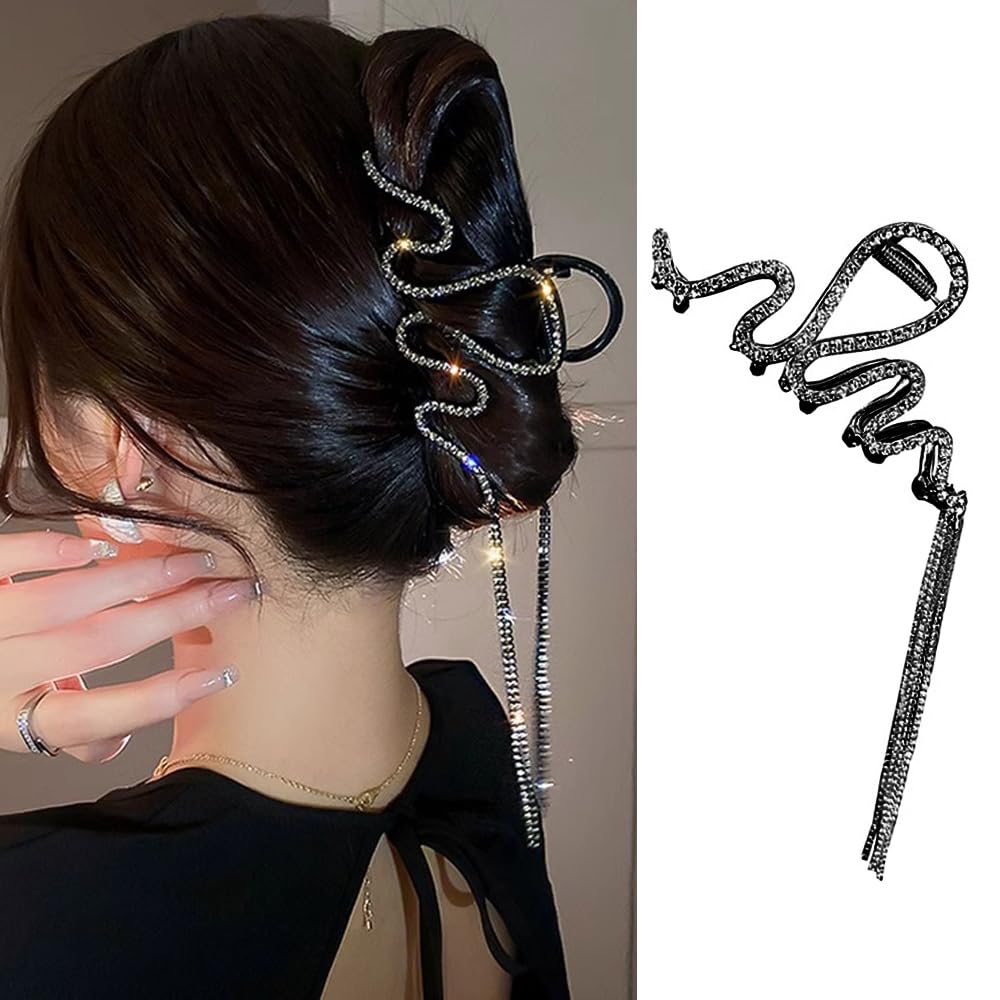 1 Pack Snake Hair Claw Clips Metal Black Crystal Rhinestone Hair Clips with Tassel Pendant Design Hair Accessories Strong Hold Large Hair Catch Jaw