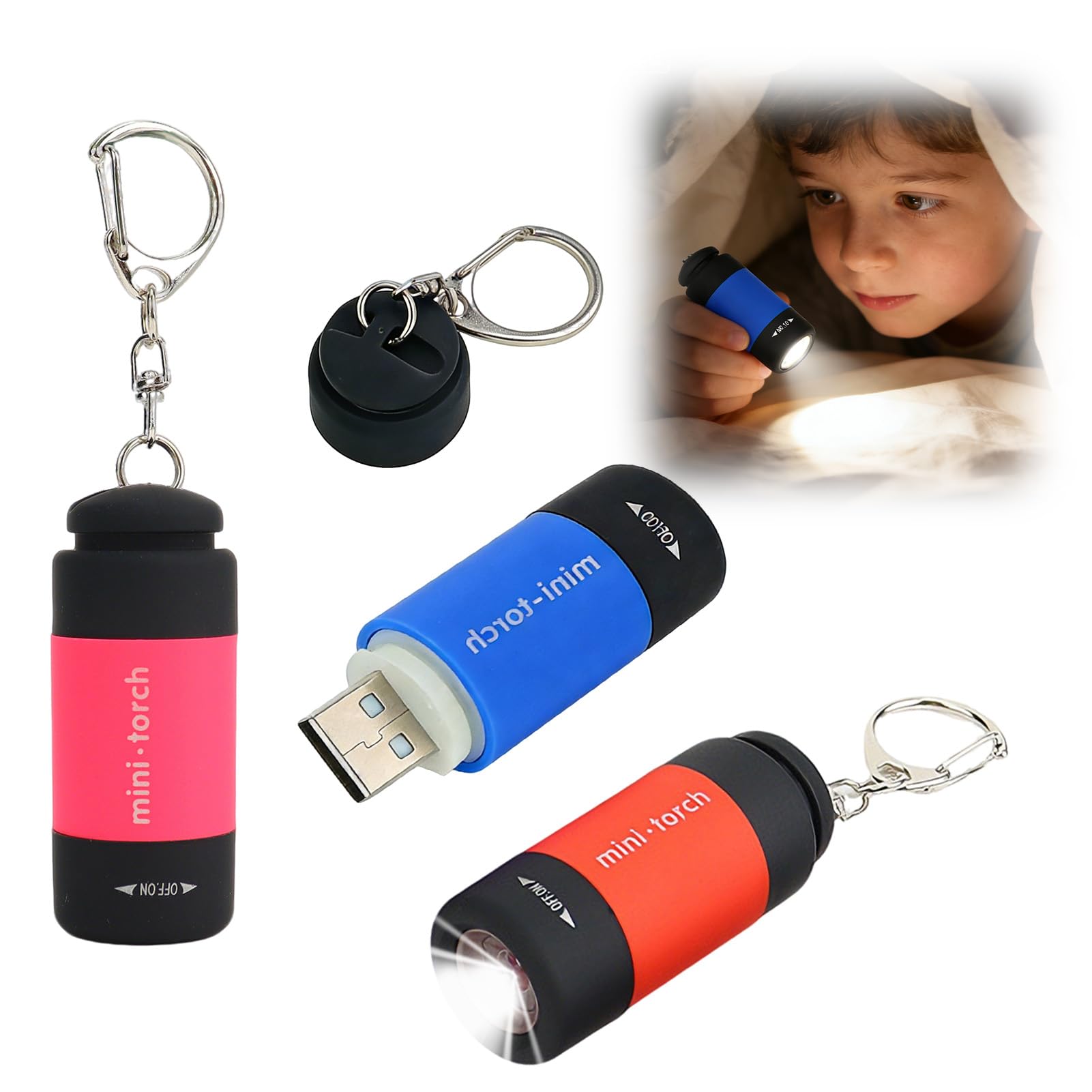 ingoodtle 3 Pack Mini Keyring Torch Rechargeable USB Keychain Flashlight Portable Small EDC Key Ring Torches Pocket Led Super Bright for Outdoor Camping Hiking and Emergency Lighting