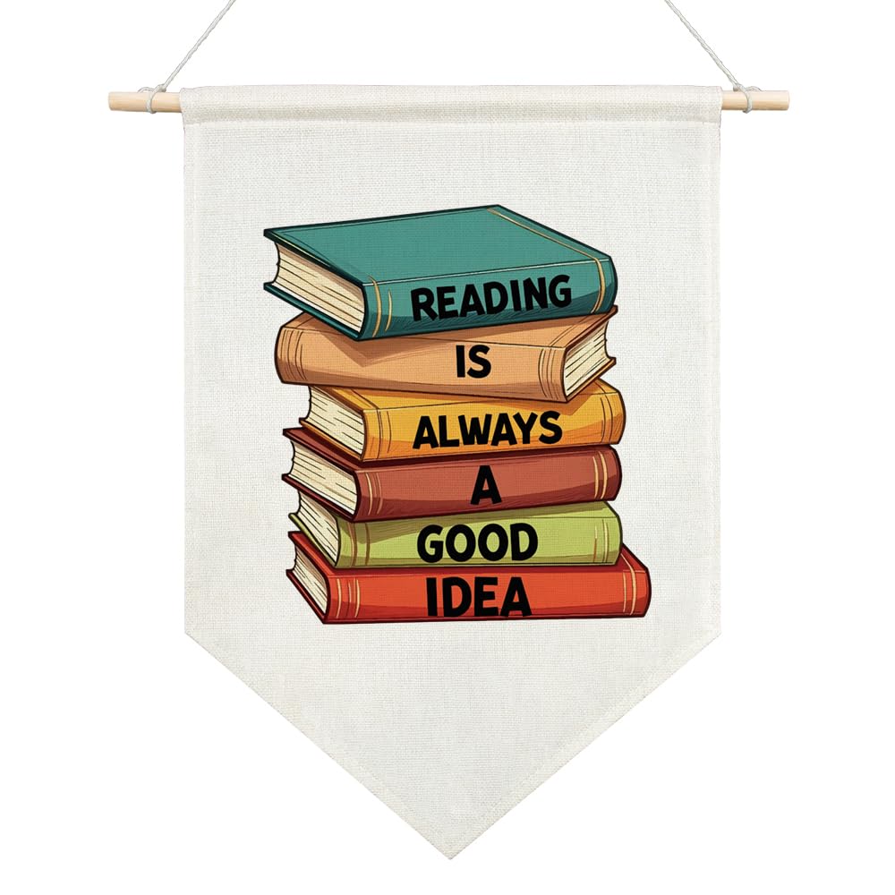 JMYROG Reading is Always Good Idea Canvas Hanging Pennant Flag, Kids Reading Room Classroom Decor, Bookworms Flag, Funny Book Reading Banner, Book Club Gifts for Teacher Student Reading Lovers