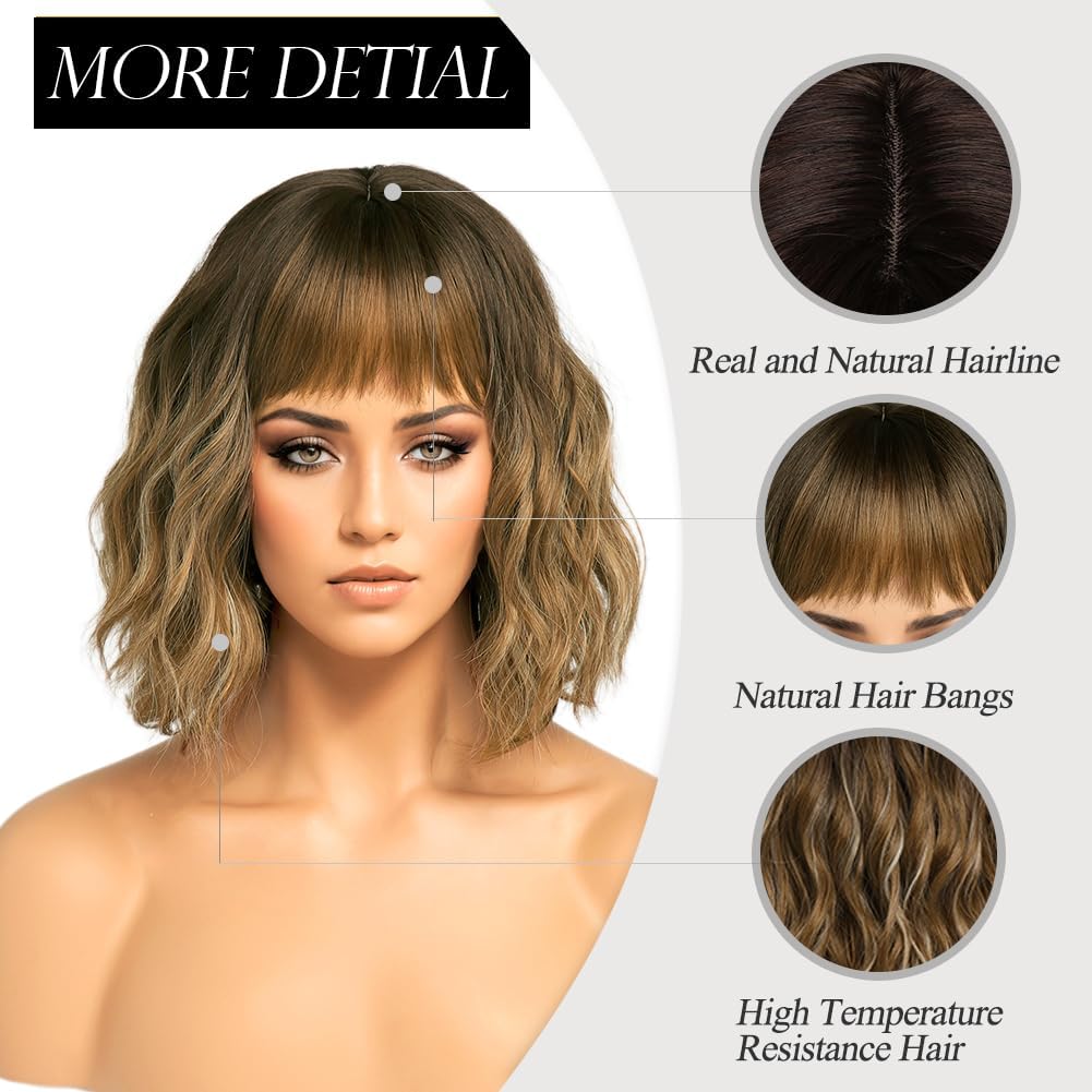 PORSMEER Shoulder Length Wavy Bob Wigs with Fringe Bangs Ombre Blonde/Brown Roots Wigs for Women,Natural Heat Resistant Synthetic Wigs for Daily/Party/Cosplay,14 Inch - Image 2