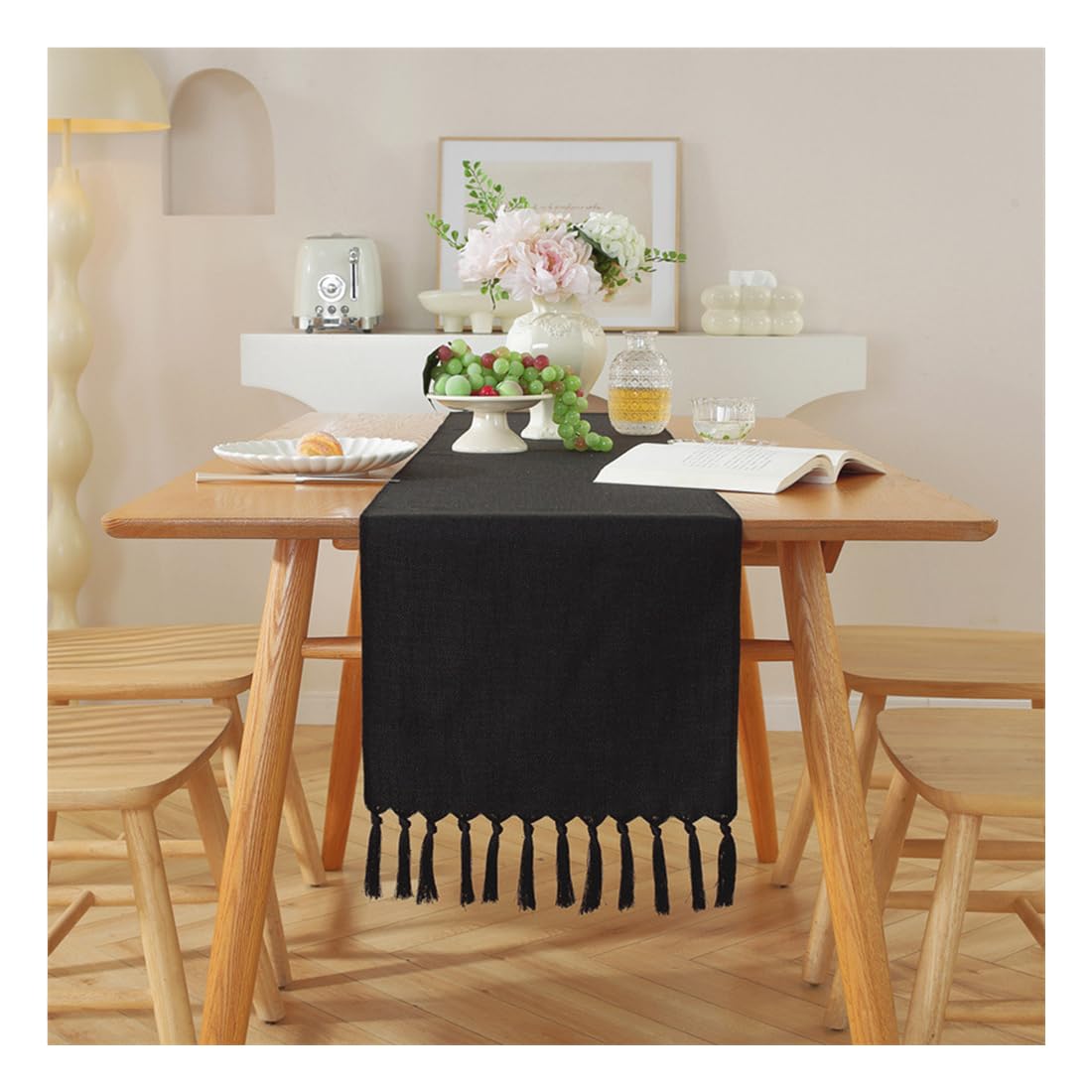 NIUSABOU Kitchen Dining TableDecoration, Solid Color Table Runner With Fringe, Coffee Cover, Multicolor, 33x(92-275) cm(Black,33x183cm(12.9x72in))