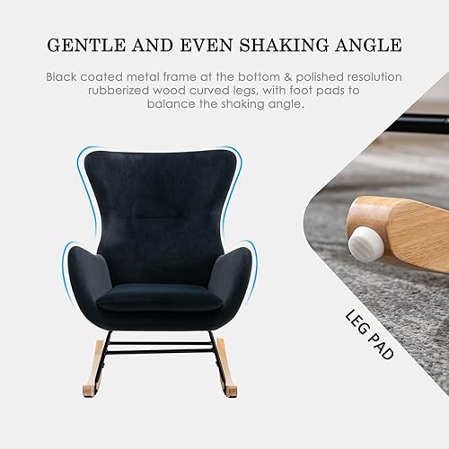 Miniatura 6 de Mecedora con respaldo alto y reposabrazos, mecedora tapizada para bebé, sala de estar, dormitorio (negro)