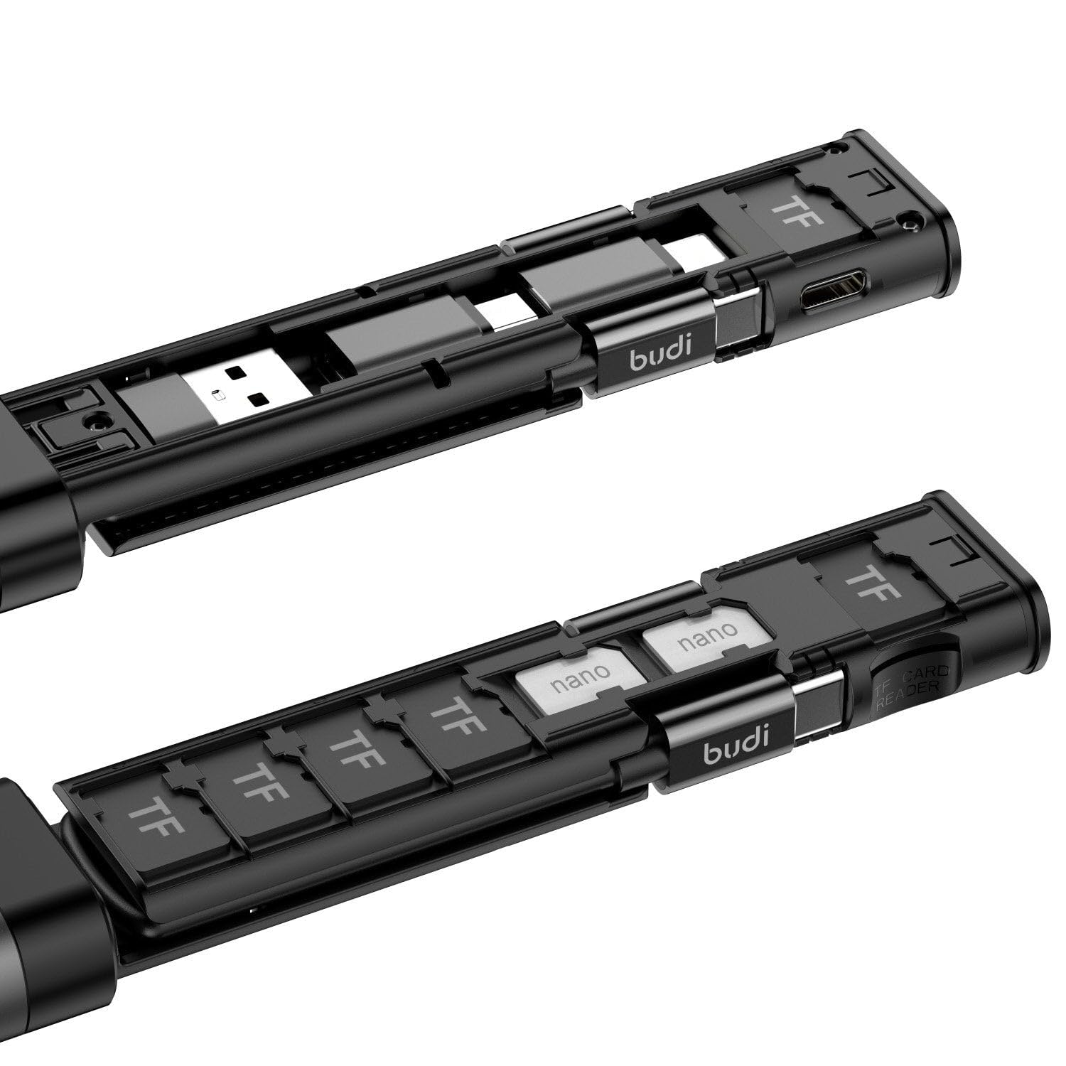 Budi 9-in-1 Essential Travel Charging & Data Sync Cable Stick for Smart Phone TF Card Storage - Black