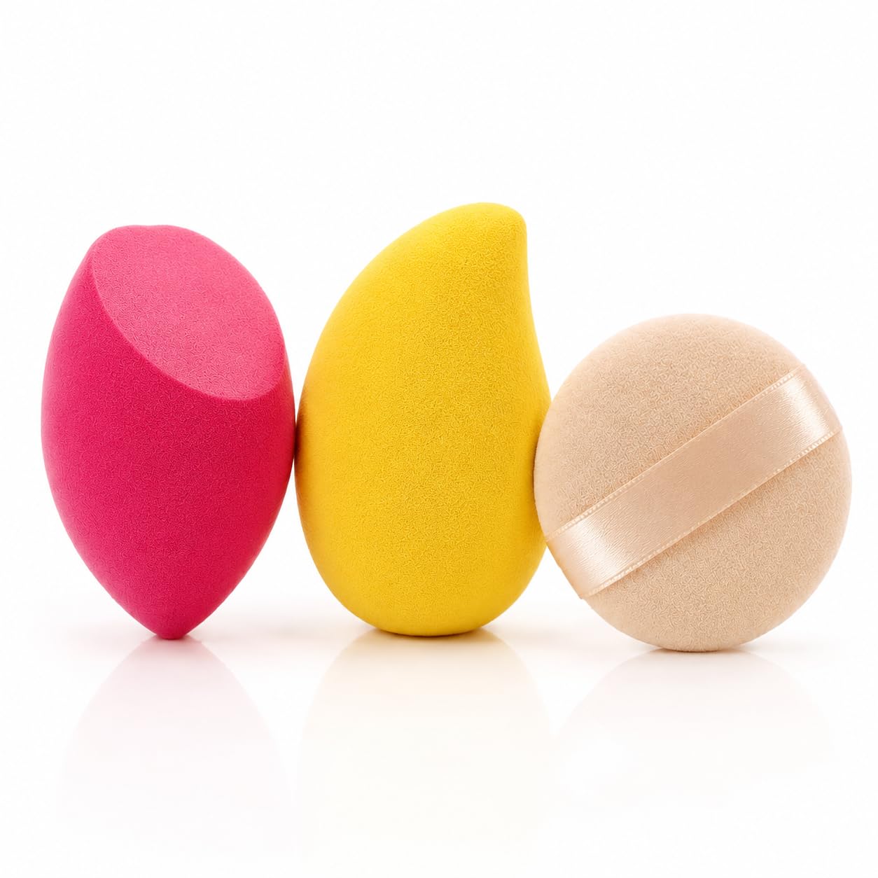 Kit com 3 Esponjas de Maquiagem para Base e Pó | Esponja Mango + Chanfrada + Puff | Aplicação Uniforme e Acabamento Natural | Para Base, Corretivo e Pó