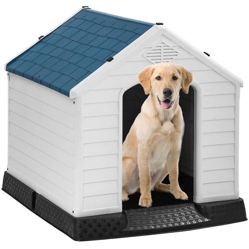 Casa para cães FDW em plástico PP com teto removível, ventilação e piso elevado, Blue, 87,6 x 77,5 x 81,3 cm