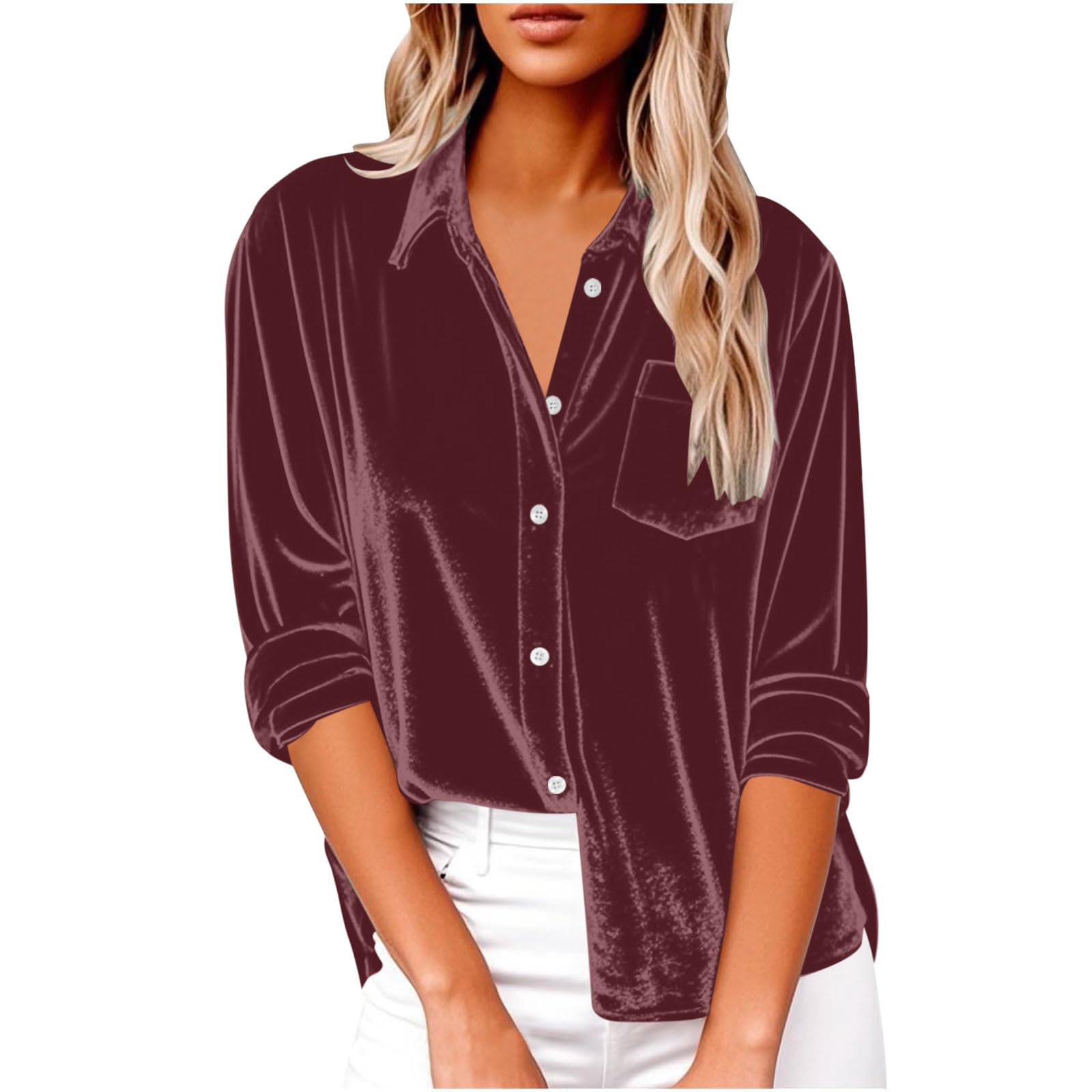 Elegant Vintage Velvet Tops for Women Long Sleeve V Neck Collared Button Down Shirts Retro Velour Blouses with Pocket Wine