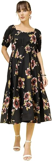 OOMPH! Below Knee Shift Pink Dress in Crepe Fabric with Round Neck and Puff Sleeves - md619l