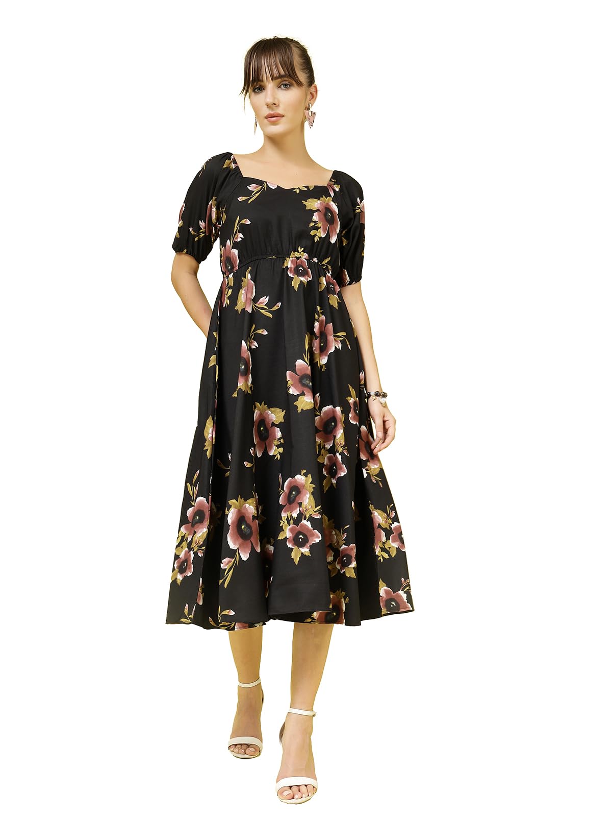 Oomph! Flared Dress For Women Stylish | Long One Piece For Women | Puff Sleeve Long Dress | Floral Print Maxi One Piece | Western & Fusion Wear Jet Black