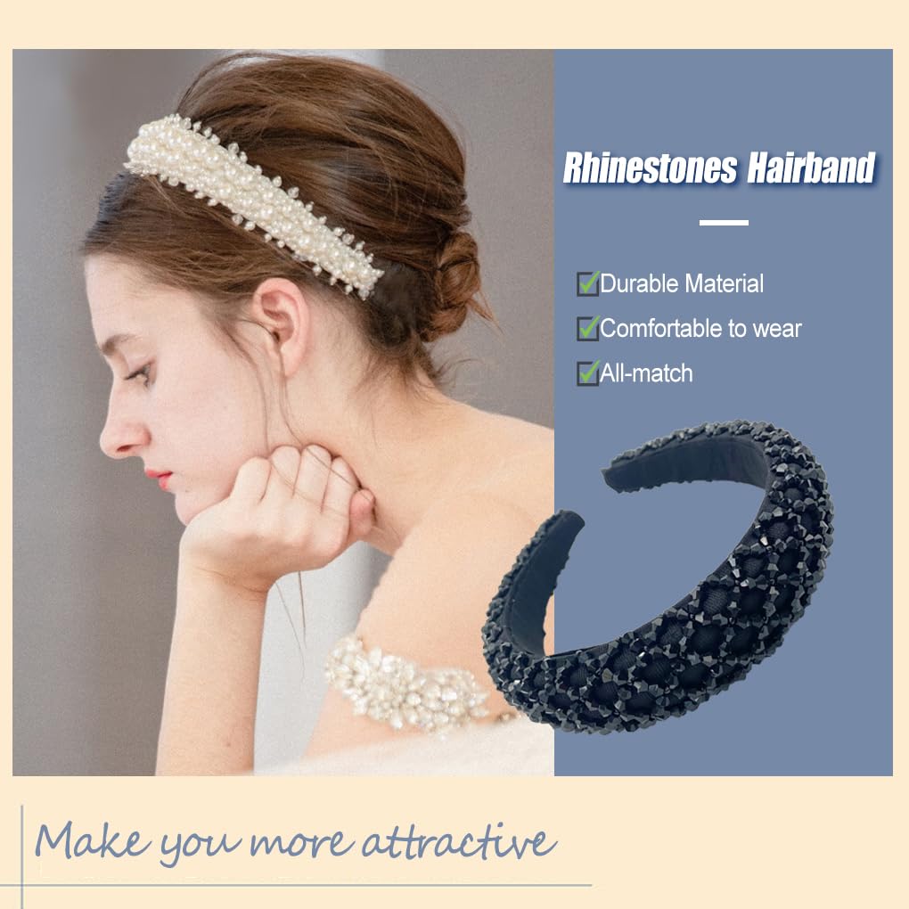 Lot de 5 bandeaux à cheveux avec perles en cristal éponge style simple strass décoration de tête coiffure coiffure cadeau pour femme plage noir