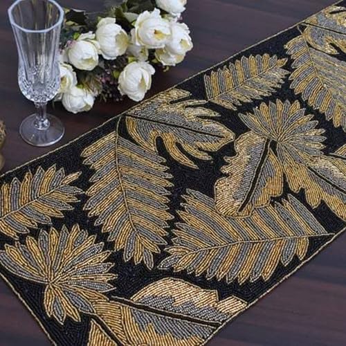Image of MFU - Made For You Black & Golden Beaded Table Runner 13x36 Inch | Handmade Decorative Rectangular Table Runner for Dining Table, Center Table, Coffee Table, Home, Party & Event Decor