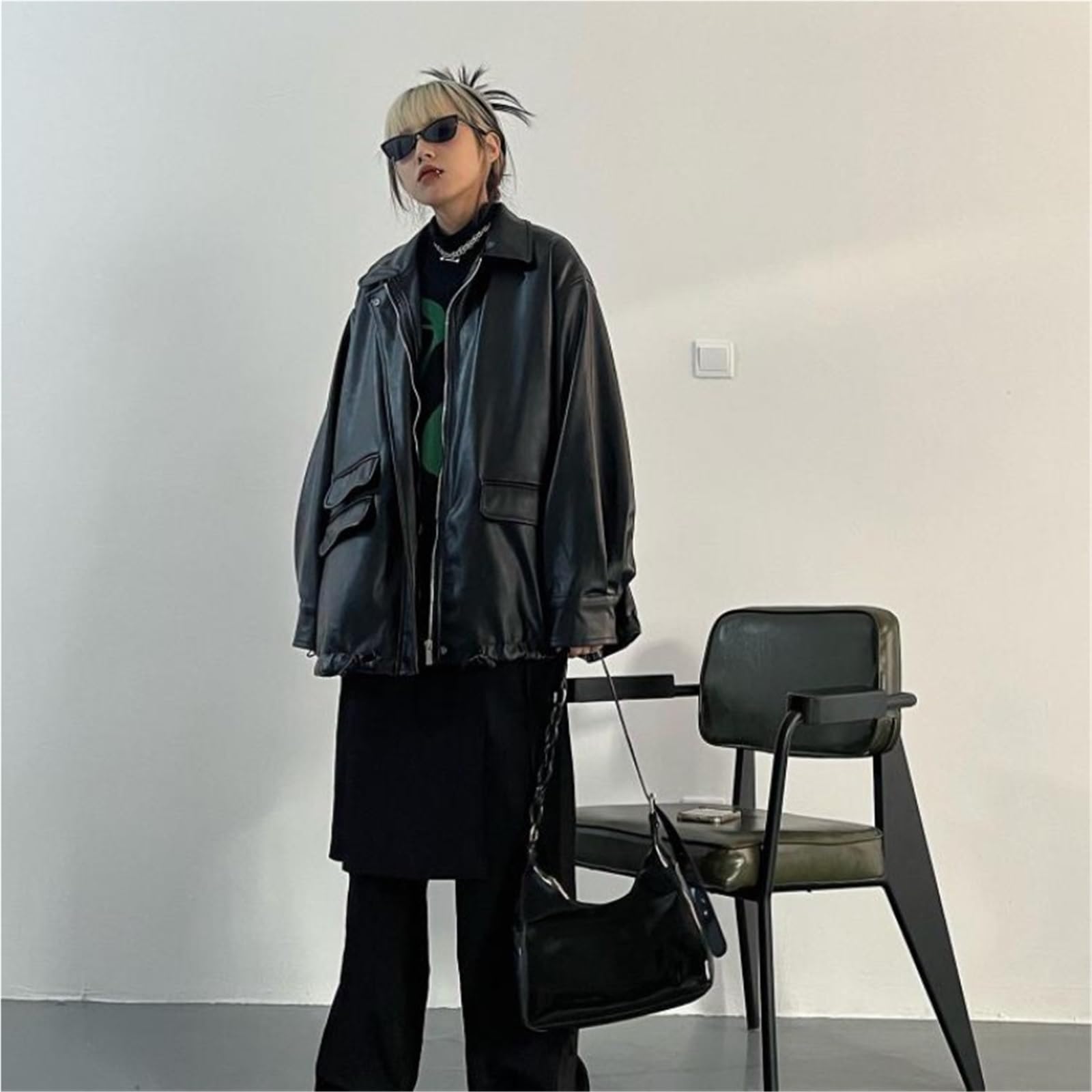 Chaqueta Cuero Mujer Abrigos y chaquetas de cuero for mujer, con bolsillos, manga larga, for otoño primavera, ropa calle Para salir